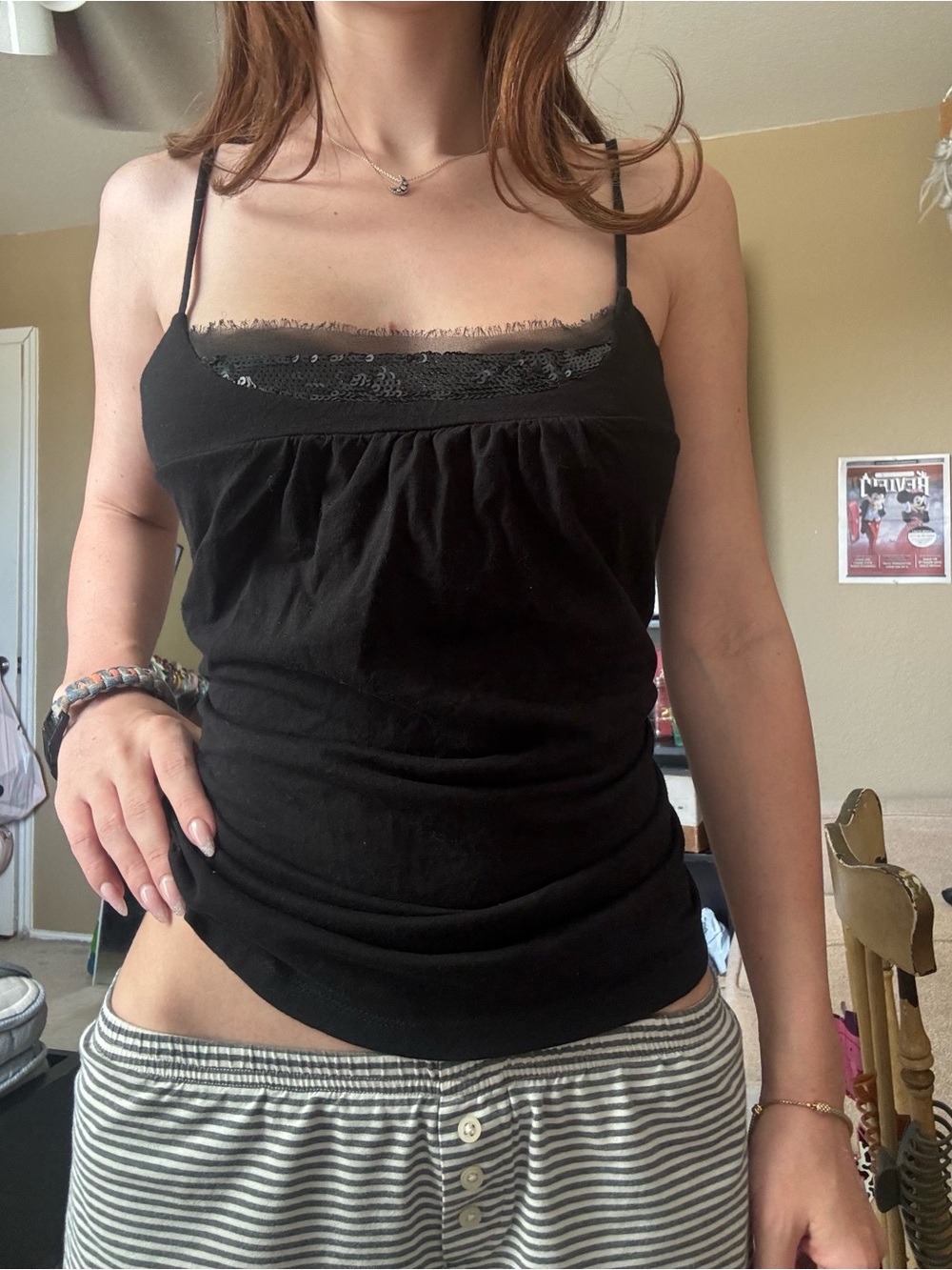 LOFT Black Lace-Trim and sequins Spaghetti Strap Camisole